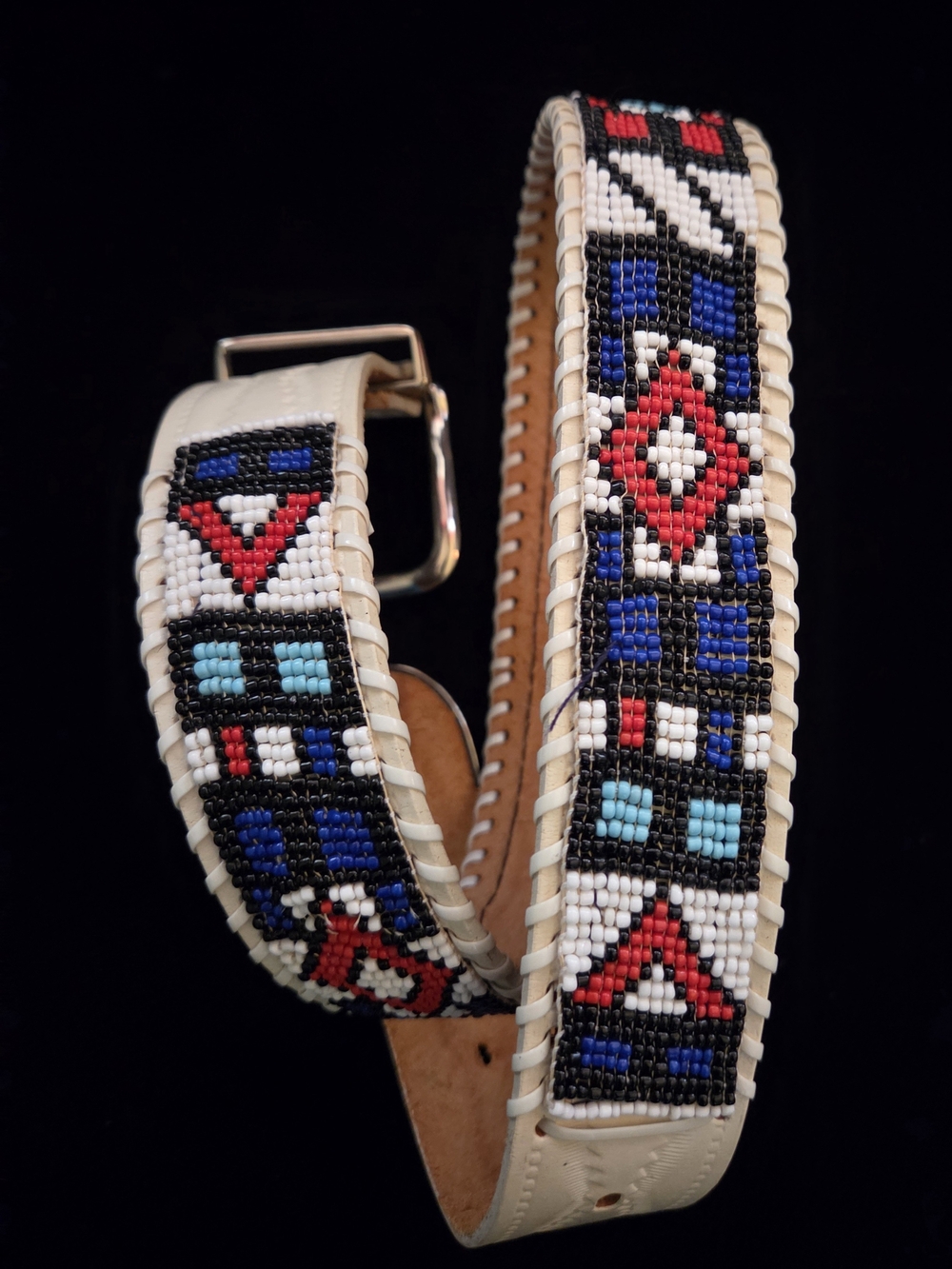 Vintage Seed Bead White Leather Belt
